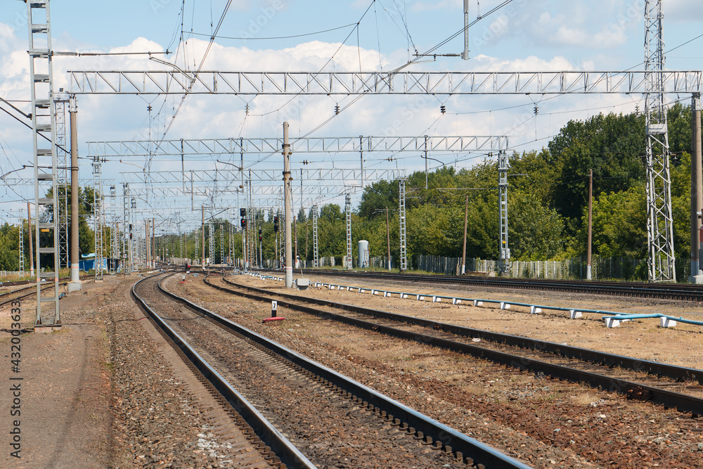 Samara Chapaevsk, Russia-July. 26.2020: view of railway tracks, train platform, railway power supply