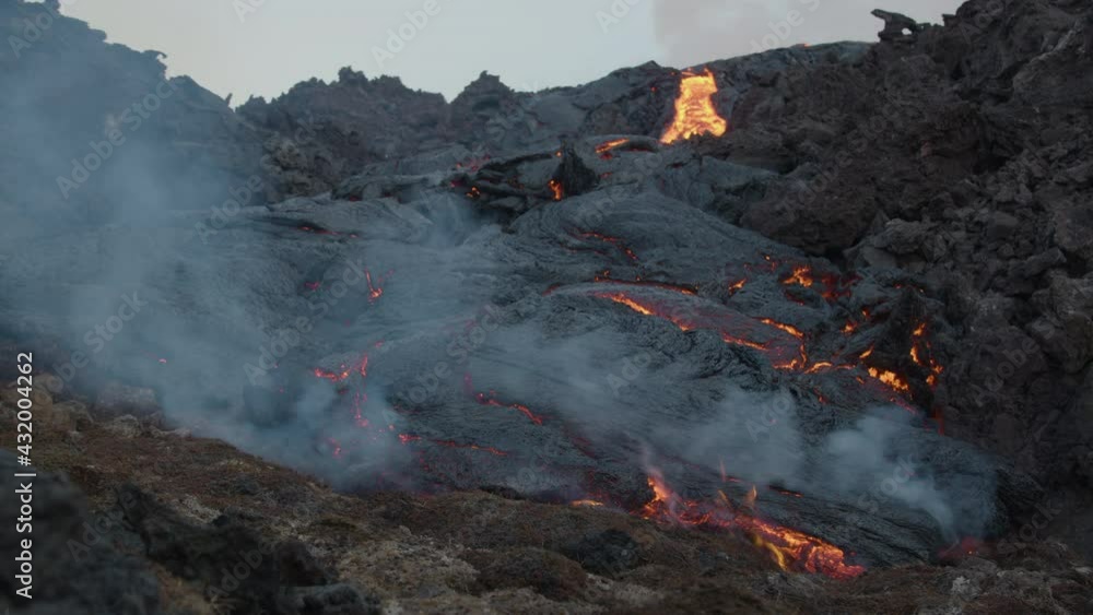 Spectacular Volcano Geldingadalir Eruption Iceland near Reykjavik 2021 Craters Releasing Red Hot Lava Magma Flowing in to the Valley Spectacular Volcano Geldingadalir Eruption Iceland near Reykjavik 2021 Craters Releasing Red Hot Lava Magma Flowing in to the Valley