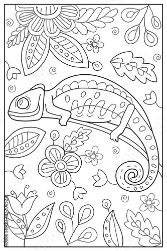 Hand drawn coloring for kids and adults with chameleon. Beautiful simple drawings with patterns. Coloring book pictures with animals. Vector