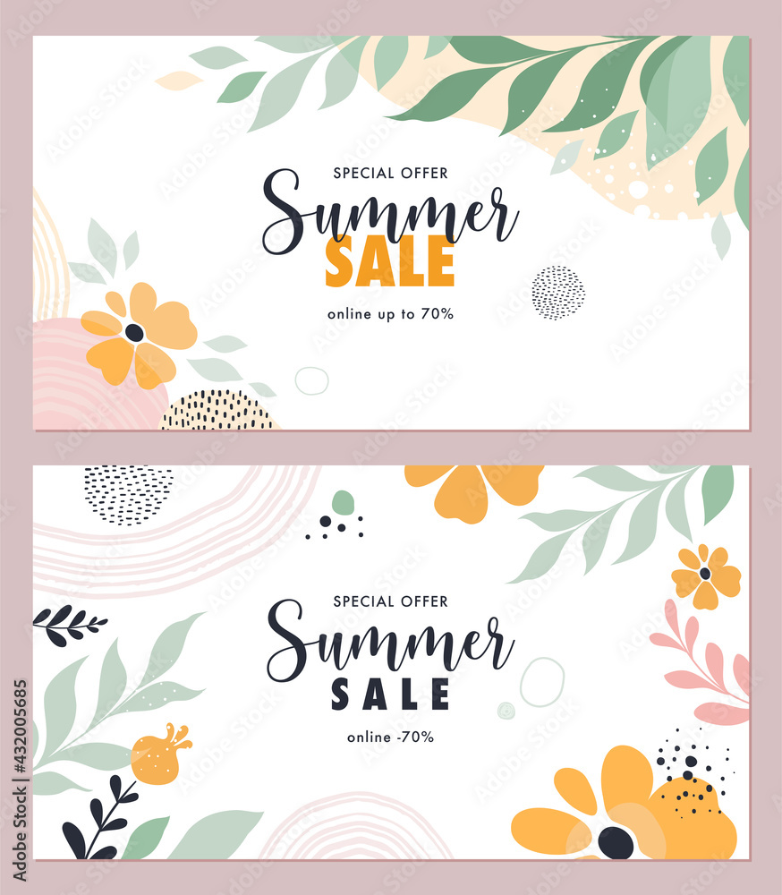 Summer sale banner templates. Vector illustration of two horizontal abstract backgrounds with leaves, flowers and text layout 