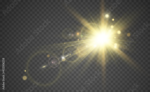Special lens flash, light effect. The flash flashes rays and searchlight. illust.White glowing light. Beautiful star Light from the rays. The sun is backlit. Bright beautiful star. Sunlight. Glare.	
