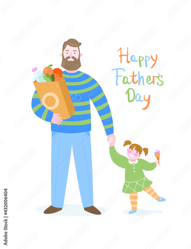 Fathers day card. Father with grocery bag and daughter. Illustration with happy family