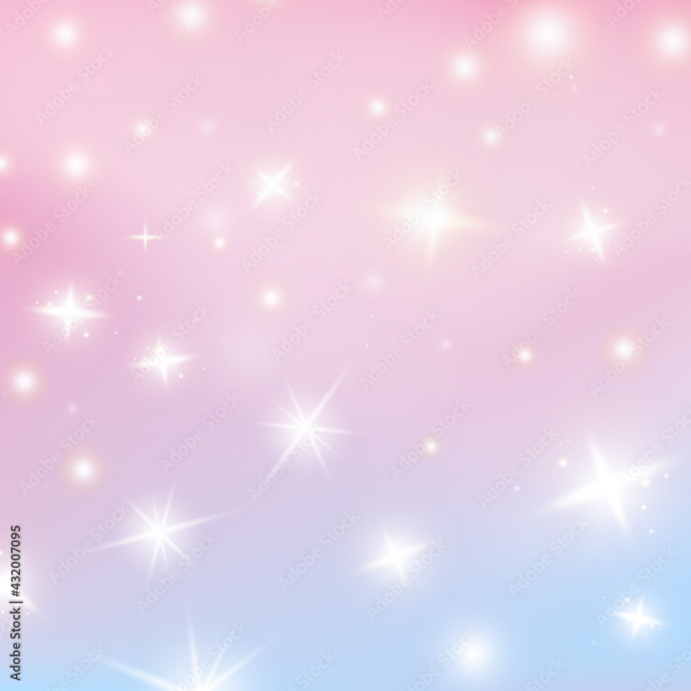 Rainbow princess background, soft pink backdrop with shining stars. Fantasy unicorn sky pearlescent backdrop. Cute unusual holographic wallpaper.