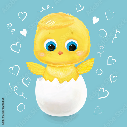 Cute little chick with eggshell. Cartoon newborn baby bird. Greeting card with funny chicken character in a watercolour style. Vector illustration.
