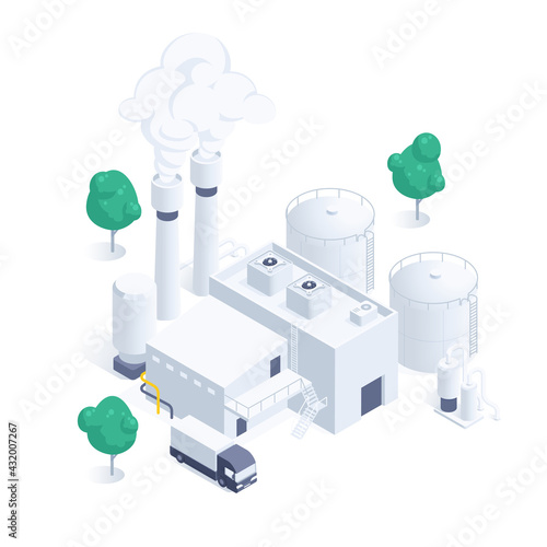 isometric vector illustration isolated on white background, manufacturing plant, building with smoking chimneys and truck