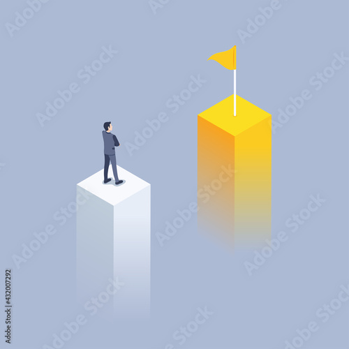 isometric vector illustration on gray background  new target  a man in a business suit stands on a chart post and looks at another on which the flag is located