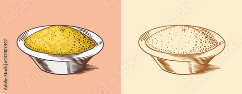 Mustard or Spicy condiment. Dip or dipping sauce. Illustration for Vintage background or poster. Engraved hand drawn sketch.