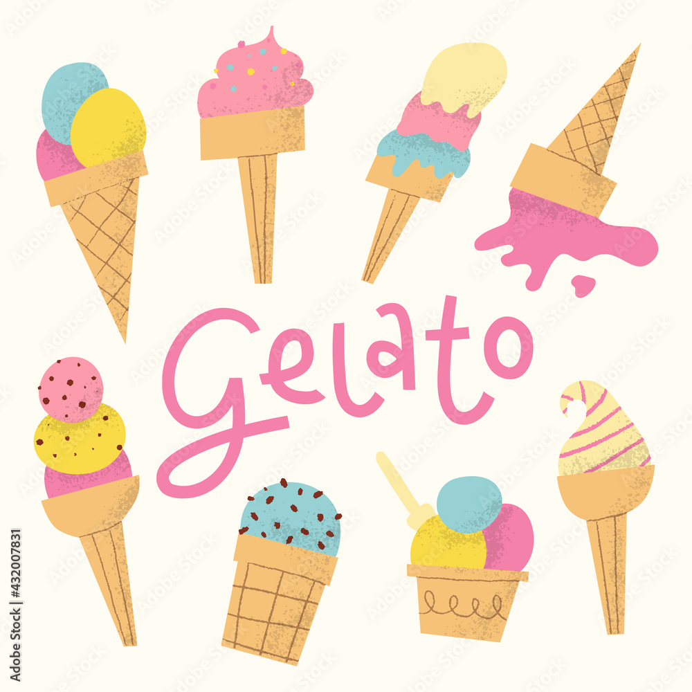 Gelato set with lettering. Cute Italian frozen fruit dessert in cone or cup.