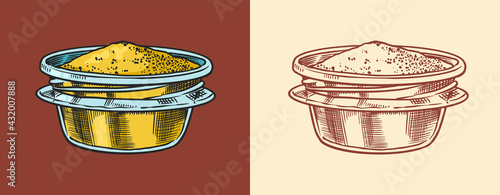 Mustard or Spicy condiment. Dip or dipping sauce. Illustration for Vintage background or poster. Engraved hand drawn sketch.