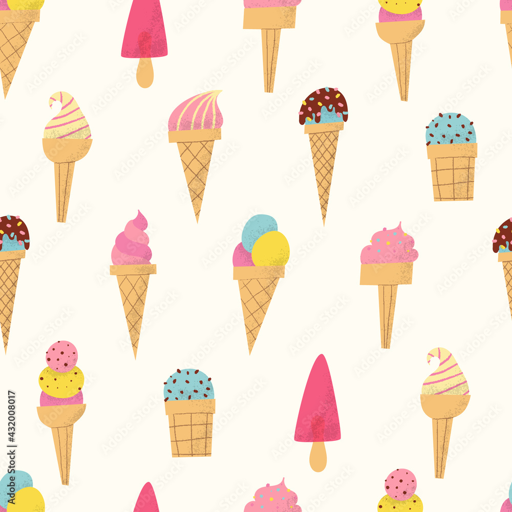 Ice cream cone pattern. Cute colorful summer seamless background.