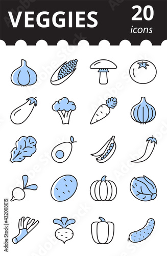 Vegetables, veggies icon set. Healthy lifestyle. Vector symbols collection.