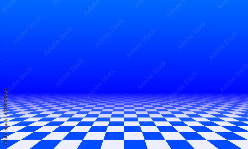 Abstract checkered floor in blue surreal interior. Room with no horizon and tiled floor. Abstract checkered floor in blue surreal interior. Room with no horizon and tiled floor.