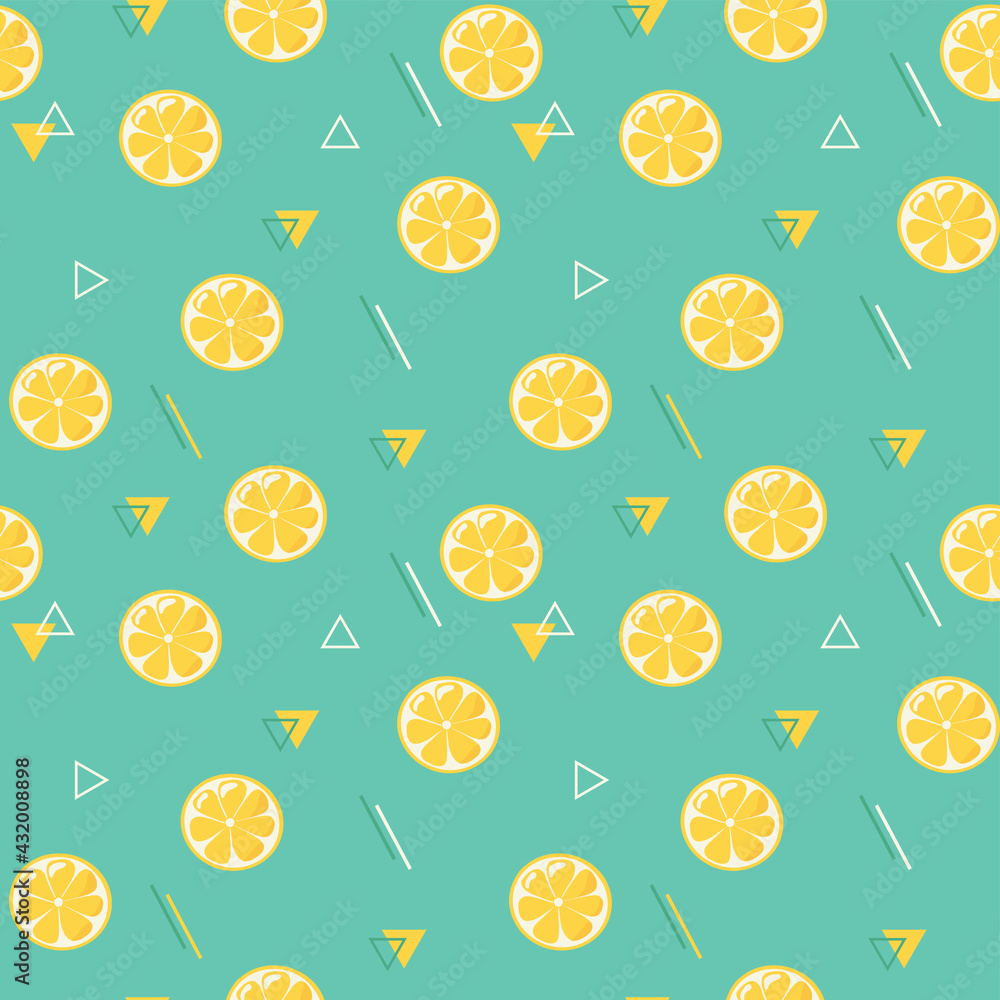 Lemon Slices and Abstract Geometric Objects Flat Style Seamless Pattern on Turquoise Background. Fresh citrus yellow repeated vector illustration for packaging design, summer wrapping paper, wallpaper