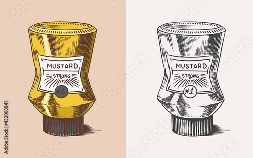 Mustard packaging. Sauce in a bottle with a label. Spicy condiment. Illustration for Vintage background or poster. Engraved hand drawn sketch.
