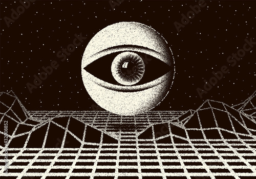 Retro dotwork landscape with 60s or 80s styled alien robotic space eye over the desert planet. Background with old sci-fi style.