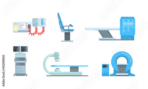 Innovational Medical Diagnostic Equipment with Surgical Table and Patient Monitor Vector Set