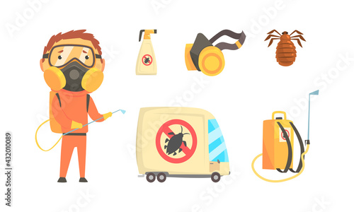 Man in Protective Suit and Special Equipment for Pest Control Service and Extermination of Insects Vector Set