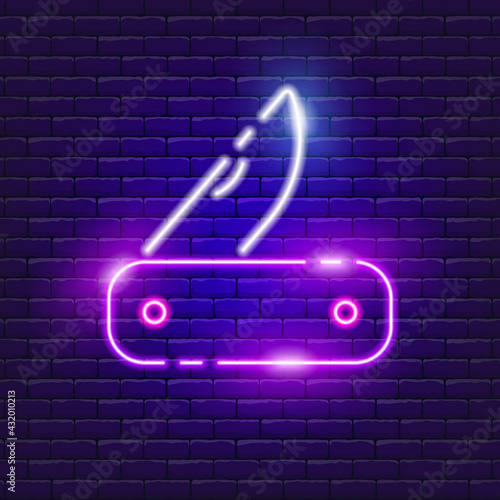 Jackknife neon icon. Vector illustration for the design of advertising, website, promotion, banner, brochure, flyer. Concept of Hike, travel, camping.