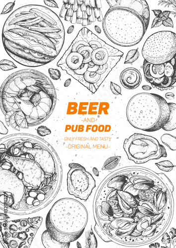 Pub food frame vector illustration. Beer, meat, mussels, fast food and snacks hand drawn. Food set for pub design top view. Vintage engraved illustration for beer restaurant.