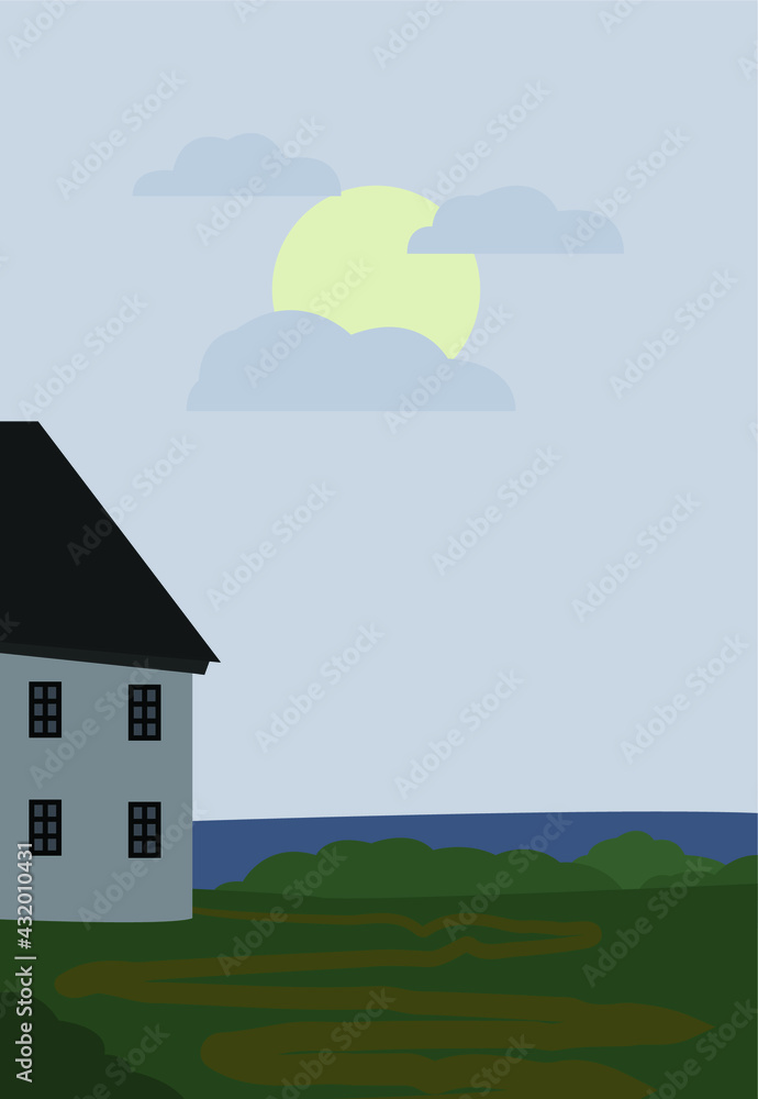 Naklejka premium Vector flat illustration of a house in a meadow with bushes. The image is in the style of minimalism, in calm colors with a cloudy sky. Design for cards, posters, backgrounds, textiles, templates.