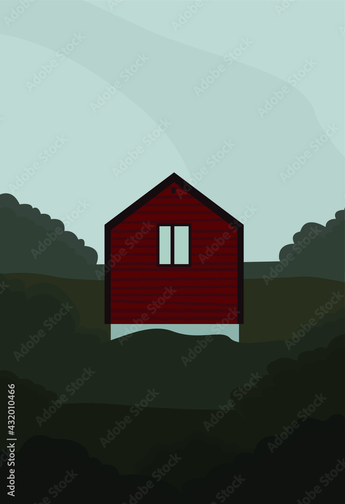 House on a green meadow with bushes. Vector image of a dark red house among green grass and gray sky. Design for cards, posters, backgrounds, templates, textiles, banners, menus, cartoons.