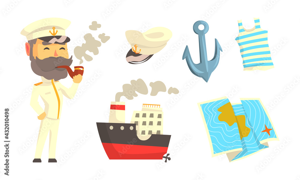 Bearded Sailor or Seaman Smoking Pipe and Anchor with Striped Vest as Marine Attributes Vector Set Bearded Sailor or Seaman Smoking Pipe and Anchor with Striped Vest as Marine Attributes Vector Set