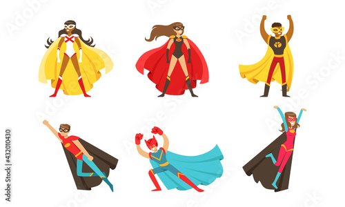 Male and Female Superhero Characters in Mask and Fluttering Cloak Rushing to the Rescue Vector Set
