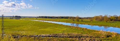 Early spring panoramic view of Narew river valley wetlands and nature reserve seen from Strekowa Gora village near Wizna in Podlaskie voivodship in Poland