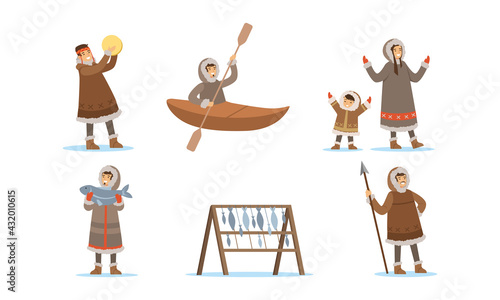 Eskimo Characters in Traditional Clothing Playing Tambourine and Fishing Vector Set