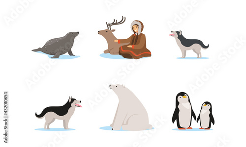 Female Eskimo Character in Traditional Clothing and Arctic Animals Vector Set