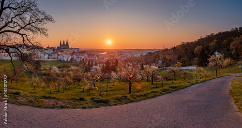 sunset, sky, landscape, nature, sunrise, sun, clouds, orange, blue, tree, view, grass, water, city, morning, horizon, countryside, Prague, spring, morning, history, old, castle, cityscape