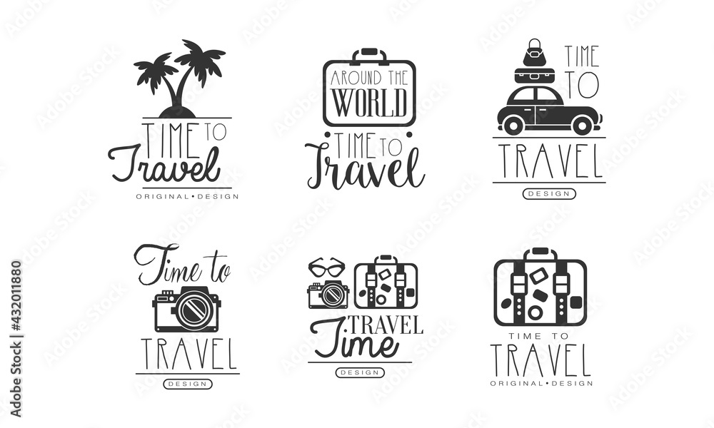 Time to Travel Original Design with Packed Suitcase Vector Set