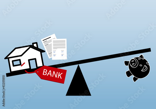 La hipoteca pesa mas que los ahorros e ingresos, Impago de hipoteca o deuda mala. Casa con contrato de compraventa y etiqueta del banco vs cerdo hucha cayéndose en picado. Impago. Desahucio