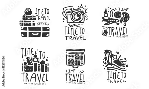 Time to Travel Original Design with Packed Suitcase Vector Set