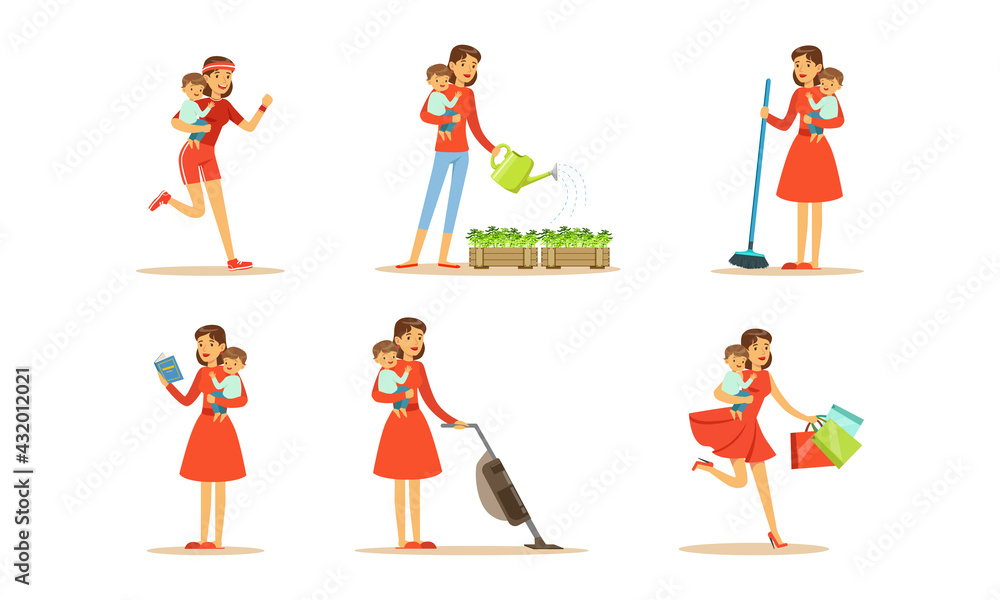 Energetic Female Housewife Holding Baby in Arms Watering Flowers, Vacuuming and Doing Shopping Vector Set