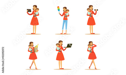 Energetic Female Housewife Holding Baby in Arms Doing Sport, Speaking by Phone and Shopping Vector Set