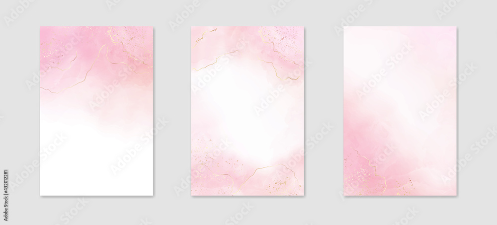 Abstract rose pink liquid watercolor background with golden lines, dots and stains. Pastel marble alcohol ink drawing effect. Vector illustration design template for wedding invitation