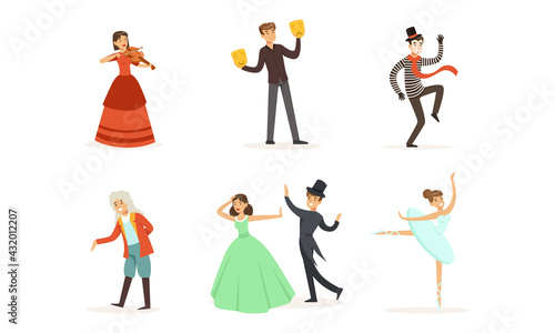 People Characters Acting in Play and Dancing on Stage of Classic Theater Vector Illustration Set