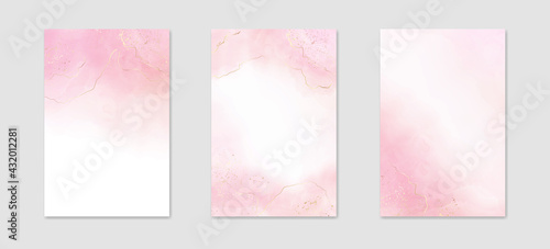 Abstract rose pink liquid watercolor background with golden lines, dots and stains. Pastel marble alcohol ink drawing effect. Vector illustration design template for wedding invitation
