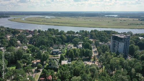 Jurmala, Dzintari,Majori, Latvia, Baltics. Beautiful panoramic aerial 4K video from flying drone to Dzintari, Majori, Baltic Sea on a hot sunny summer day. (Series) photo