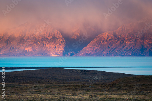 Sunrise over Lake Viedma and the mountain peaks of Los Glacieres National Park, Argentina. photo