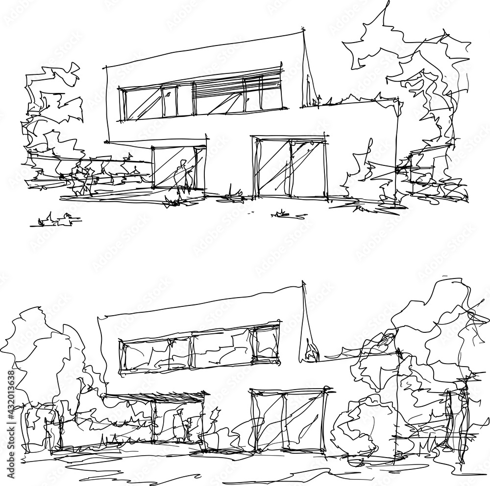 
two hand drawn architectural sketches of modern two story detached house with flat roof and people around
 - obrazy, fototapety, plakaty 