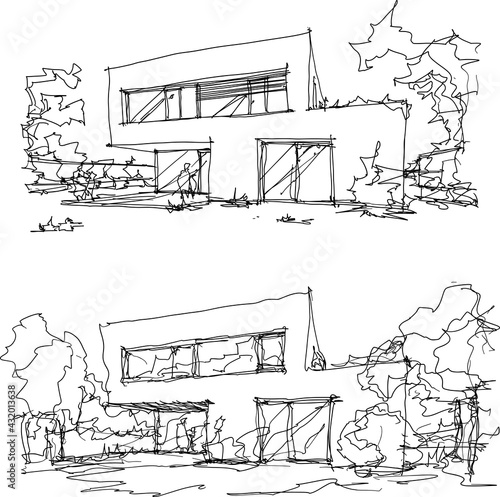 
two hand drawn architectural sketches of modern two story detached house with flat roof and people around
