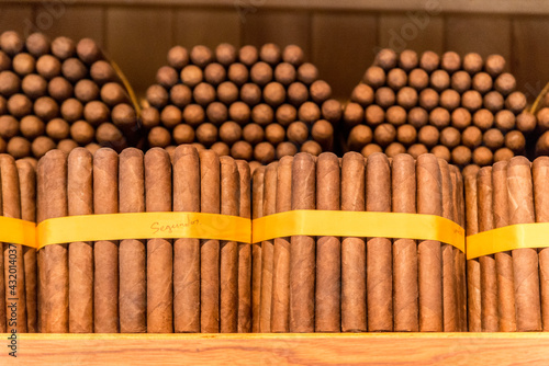A detail shot of cigars in a humidor in Granada, Nicaragua.