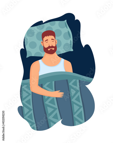 Good sleep rules and man sleeps on pillow vector illustration. Template healthy sleep. Good night relaxation. Helpful ilustrative advice how to get rid of insomnia