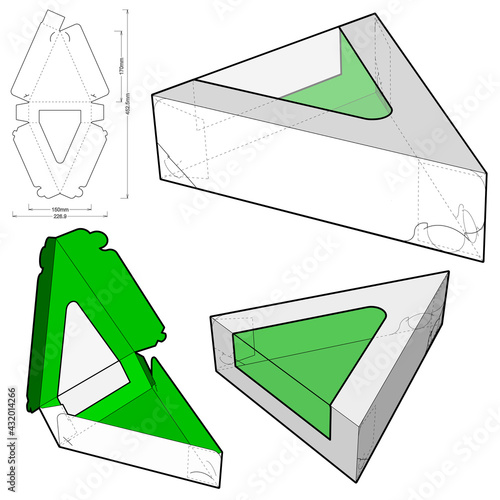 Triangular Self Assembly Packaging (eco-friendly no glue needed) and Die-cut Pattern. The .eps file is full scale and fully functional. Prepared for real cardboard production.
