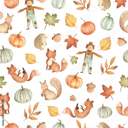 Autumn Fall woodland baby animals seamless  pattern tile with leaves, pumpkin and harvest icons  photo