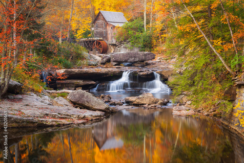 The peak of autumn at the Glade Creek Grist Mill in Babcock State Park, West Virginia.