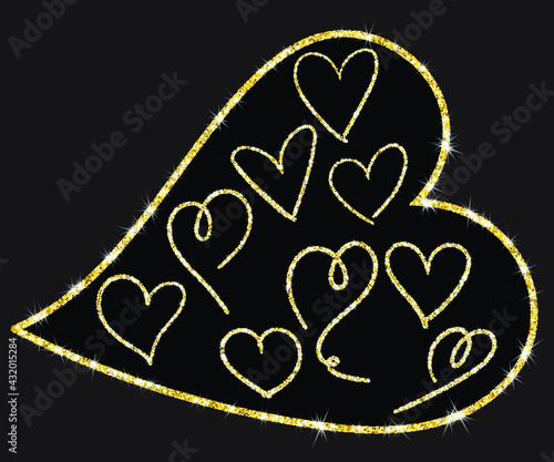 Handdrawn trendy golden glitter line hearts, isolated design objects . Shimmer vector outline.