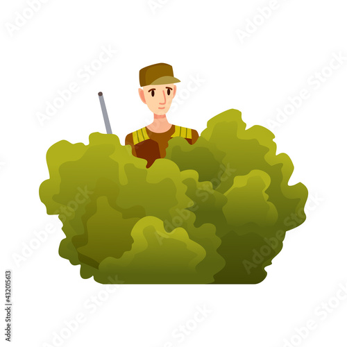 Hunter character with rifle in bushes. Man with a gun in camouflage in cartoon style. Human with weapons on hunting